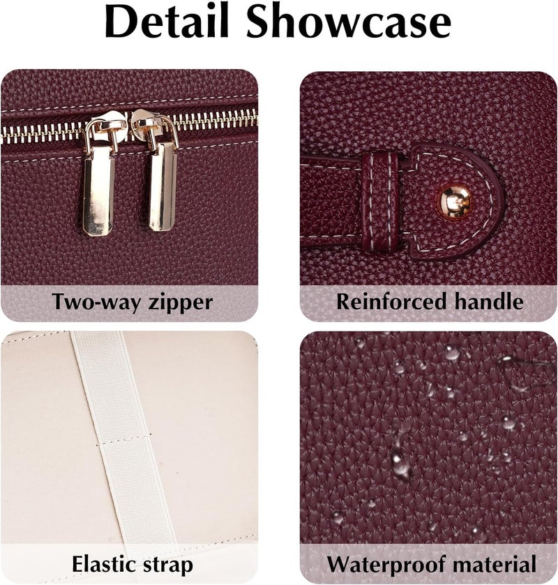 idoltimes Makeup Bag, Cosmetic Case Leather Cosmetic Bag with Removable Divider Waterproof Portable Travel Toiletry Bags Makeup Organizer Case, Burgundy - Image 3