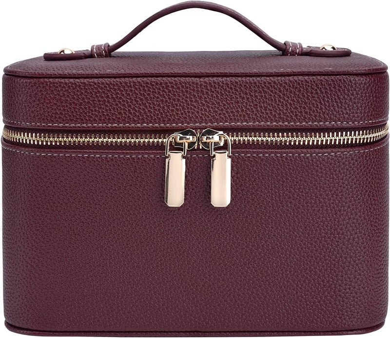 idoltimes Makeup Bag, Cosmetic Case Leather Cosmetic Bag with Removable Divider Waterproof Portable Travel Toiletry Bags Makeup Organizer Case, Burgundy - Image 1