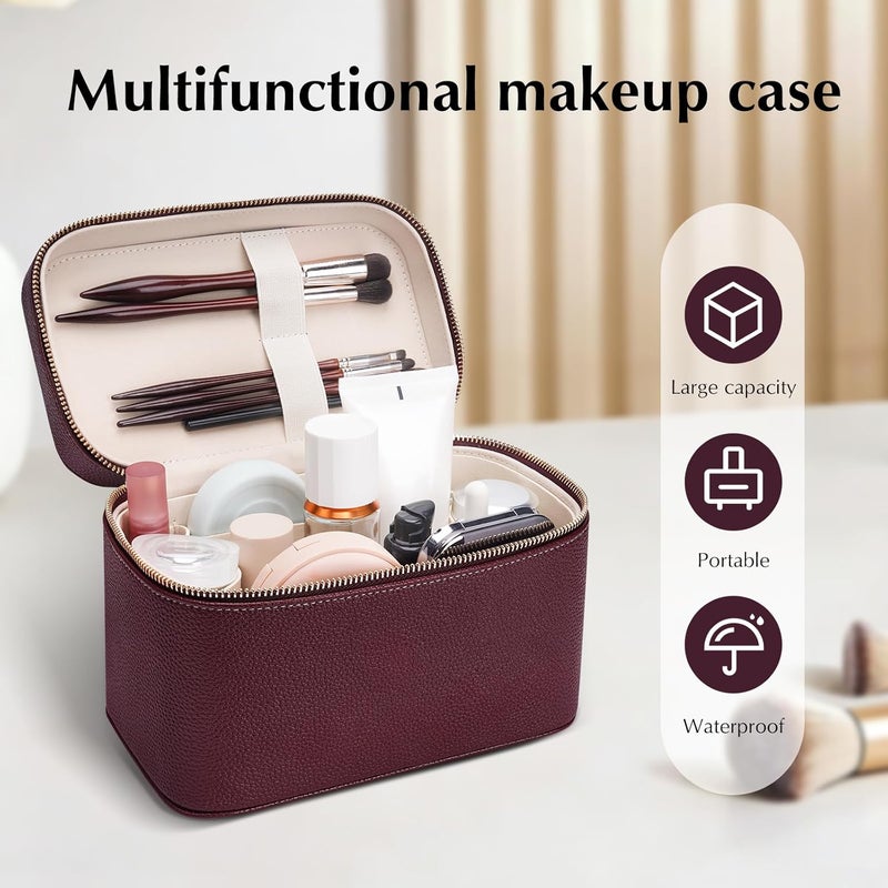 idoltimes Makeup Bag, Cosmetic Case Leather Cosmetic Bag with Removable Divider Waterproof Portable Travel Toiletry Bags Makeup Organizer Case, Burgundy - Image 5