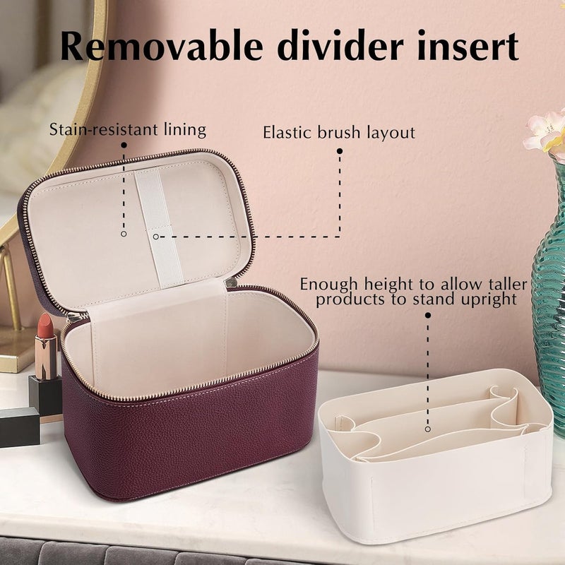 idoltimes Makeup Bag, Cosmetic Case Leather Cosmetic Bag with Removable Divider Waterproof Portable Travel Toiletry Bags Makeup Organizer Case, Burgundy - Image 4