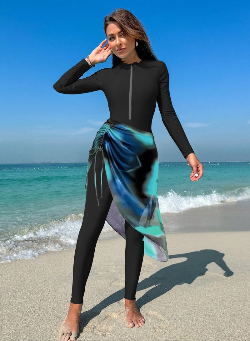 Women’s Black Burkini Set – Slim Pants, Long Sleeves, and Colorful Apron  - Image 1