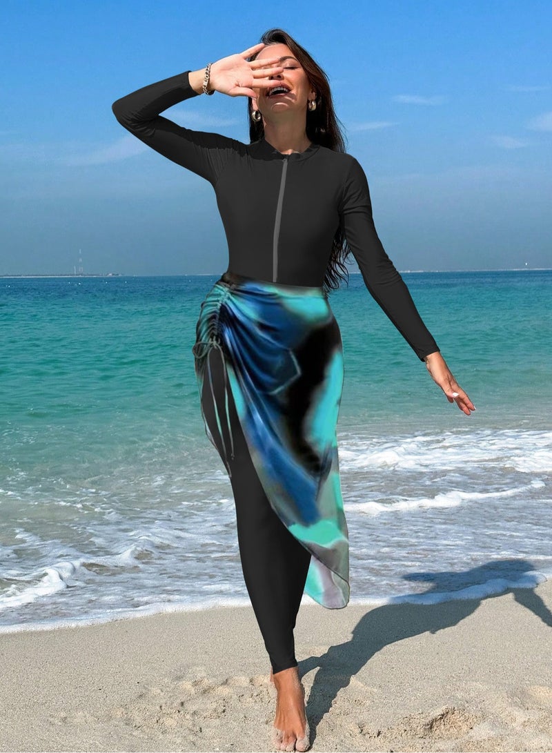 Women’s Black Burkini Set – Slim Pants, Long Sleeves, and Colorful Apron  - Image 2