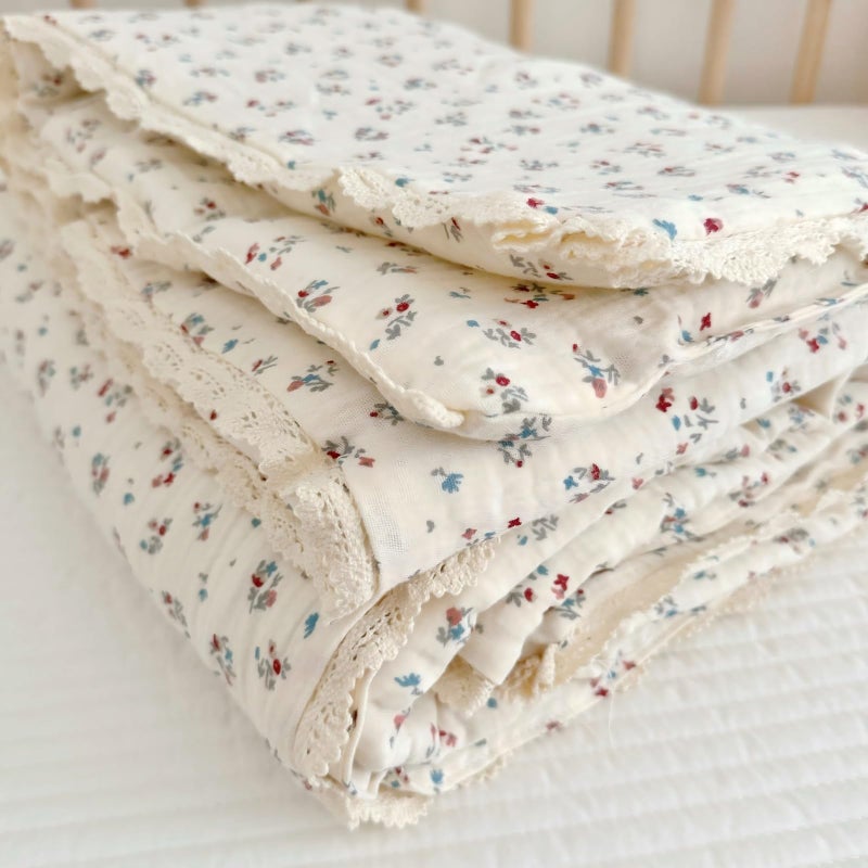 BuLuTu Elegant Floral Muslin Quilt Blankets for Kids Boys Girls Toddler Bed Blanket with Lacey Edges Soft Lightweight Toddler Comforter Crib Quilt for All Seasons, 47x59 Inches - Image 2