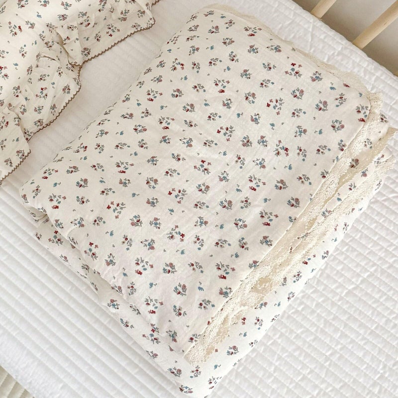 BuLuTu Elegant Floral Muslin Quilt Blankets for Kids Boys Girls Toddler Bed Blanket with Lacey Edges Soft Lightweight Toddler Comforter Crib Quilt for All Seasons, 47x59 Inches - Image 1