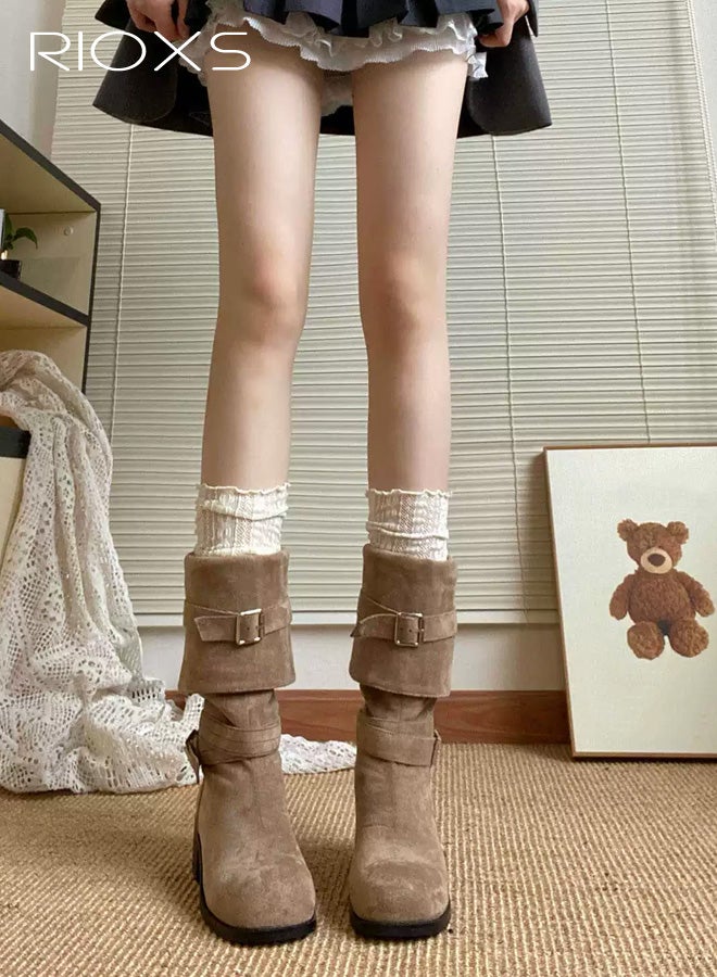 RIOXS Women's Knee High Boots, Casual Slouchy Boots, Square Toe Pull On Boots for Women, Chunk-Heeled Tall Boot, Lady's Platform Boot Knight Booties, Fashion Tosh Boot for Ladies, Brown Boots Womens Footwear - Image 2