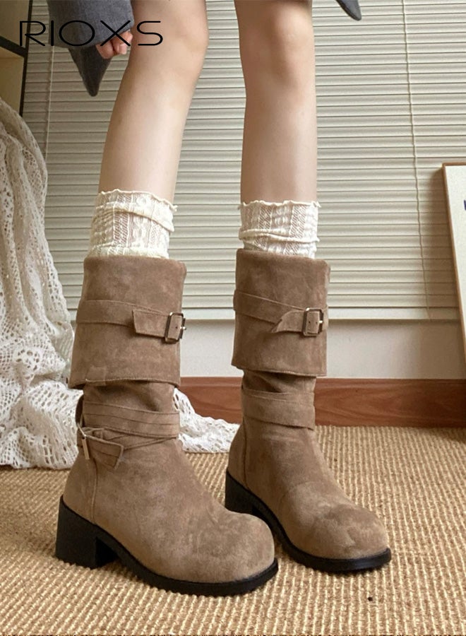 RIOXS Women's Knee High Boots, Casual Slouchy Boots, Square Toe Pull On Boots for Women, Chunk-Heeled Tall Boot, Lady's Platform Boot Knight Booties, Fashion Tosh Boot for Ladies, Brown Boots Womens Footwear - Image 1