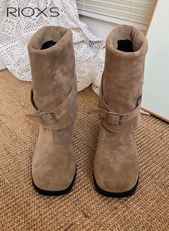 RIOXS Women's Knee High Boots, Casual Slouchy Boots, Square Toe Pull On Boots for Women, Chunk-Heeled Tall Boot, Lady's Platform Boot Knight Booties, Fashion Tosh Boot for Ladies, Brown Boots Womens Footwear - Image 5