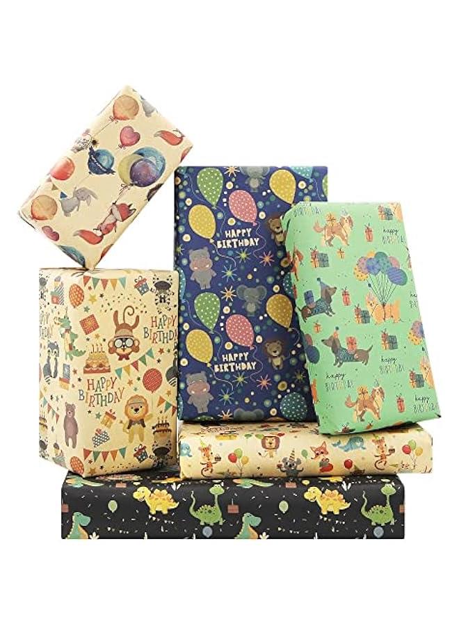 FYLX Happy Animals Dinosaur Party Birthday  Wrap Paper 6 Sheets of 20x28 inches per Sheet Kraft Design - Image 1