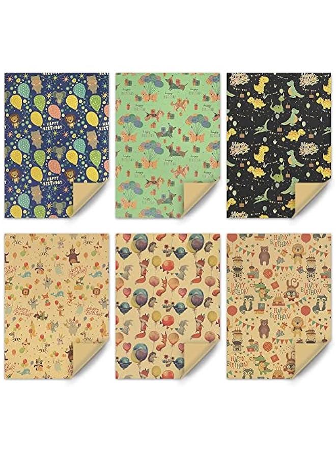 FYLX Happy Animals Dinosaur Party Birthday  Wrap Paper 6 Sheets of 20x28 inches per Sheet Kraft Design - Image 2