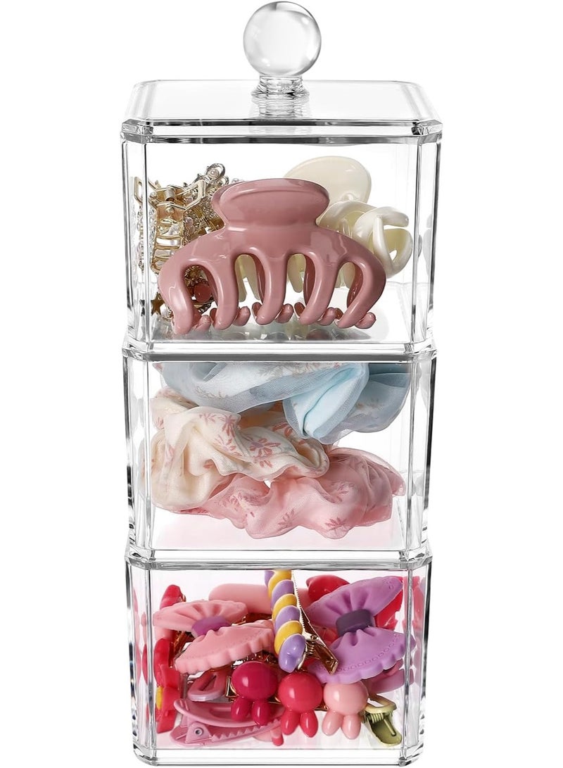 Hair Accessories Organizer, Bathroom Containers for Headbands, Bows, Ties, Tools, Scrunchies, Cotton Swab Organization - Clear 3 Stackable Acrylic Holder With Lids - Image 1