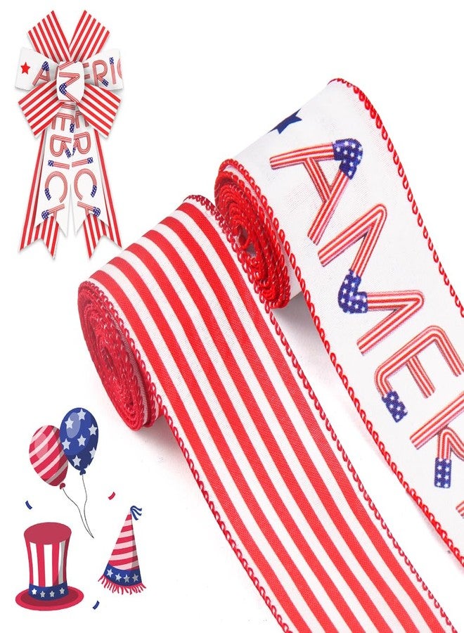ALIBBON 2 Rolls 2.5" × 5 Yd 4th of July Patriotic Wired Ribbon Independence Day Burlap Ribbons America Red Stripe Ribbon for 4th of July Wreath DIY Crafting Gifts Wrapping Party Decoration - Image 1