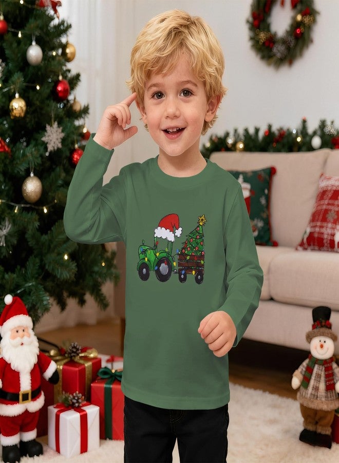 KEKEMI Toddler Boys Merry Christmas Shirts Christmas Tractor Long Sleeve T-Shirt Retro Xmas Tees Holiday Tops Festive Outfit(Green,5-6T) - Image 3