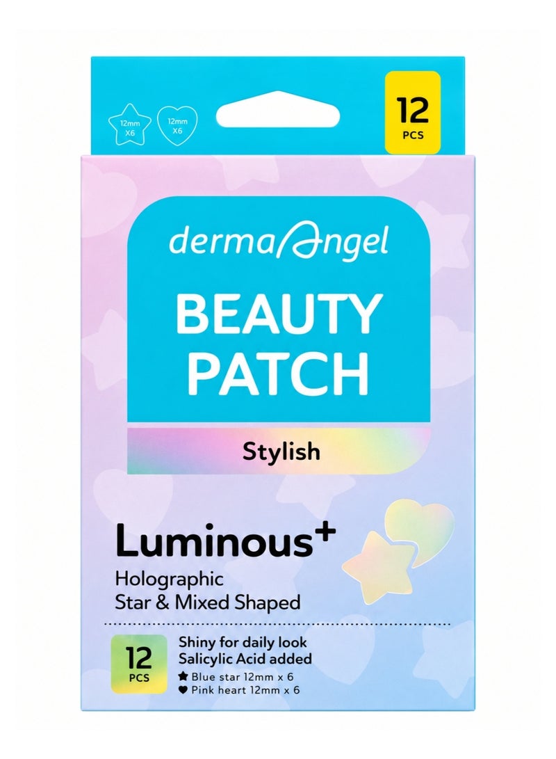 DERMA ANGEL Spot Beauty Patch Stylish Luminous+ Blue Stars and Pink Hearts 12 Count - Image 1