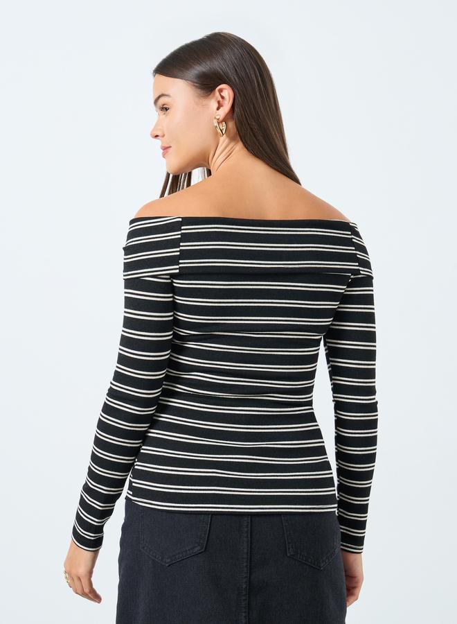 ستايلي بلوزة مخططة محبوكة بأكتاف مشكوفة - Image 4