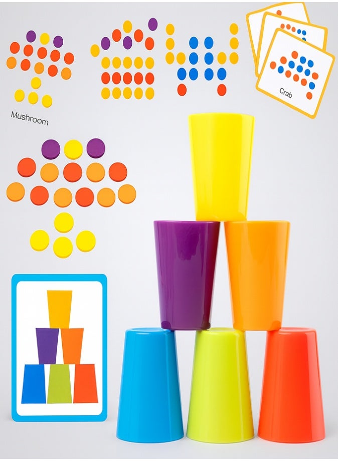 لعبة أكواب قوس قزح للأطفال، تصنيف وفرز الألوان على طريقة مونتيسوري، مع 6 أكواب و60 عملة خشبية و50 بطاقة، لعبة تعليمية سريعة التكديس ومطابقة الأنماط للأعمار من 3 سنوات فما فوق - Image 1