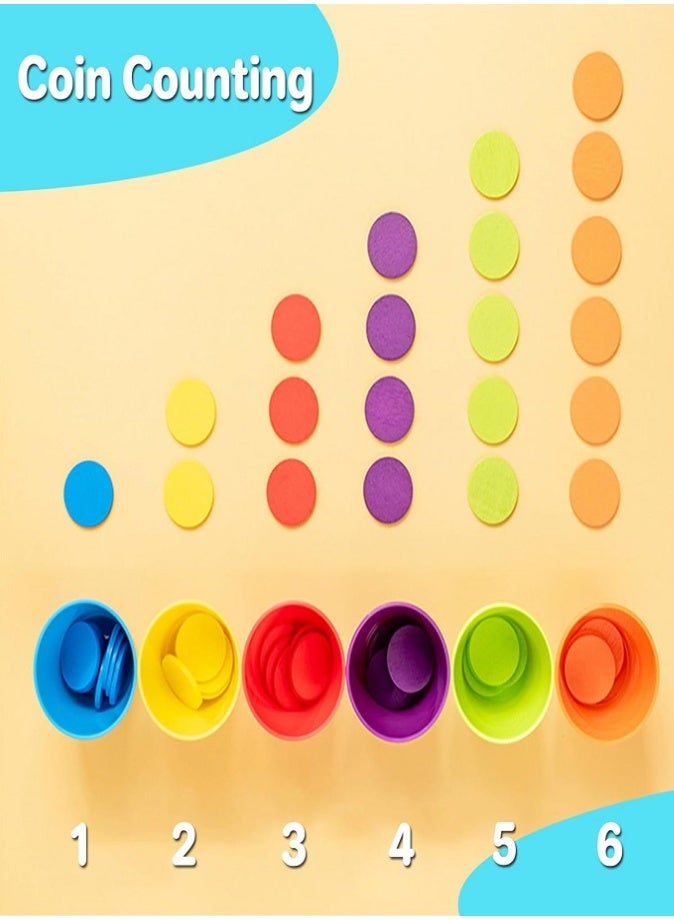 لعبة أكواب قوس قزح للأطفال، تصنيف وفرز الألوان على طريقة مونتيسوري، مع 6 أكواب و60 عملة خشبية و50 بطاقة، لعبة تعليمية سريعة التكديس ومطابقة الأنماط للأعمار من 3 سنوات فما فوق - Image 5