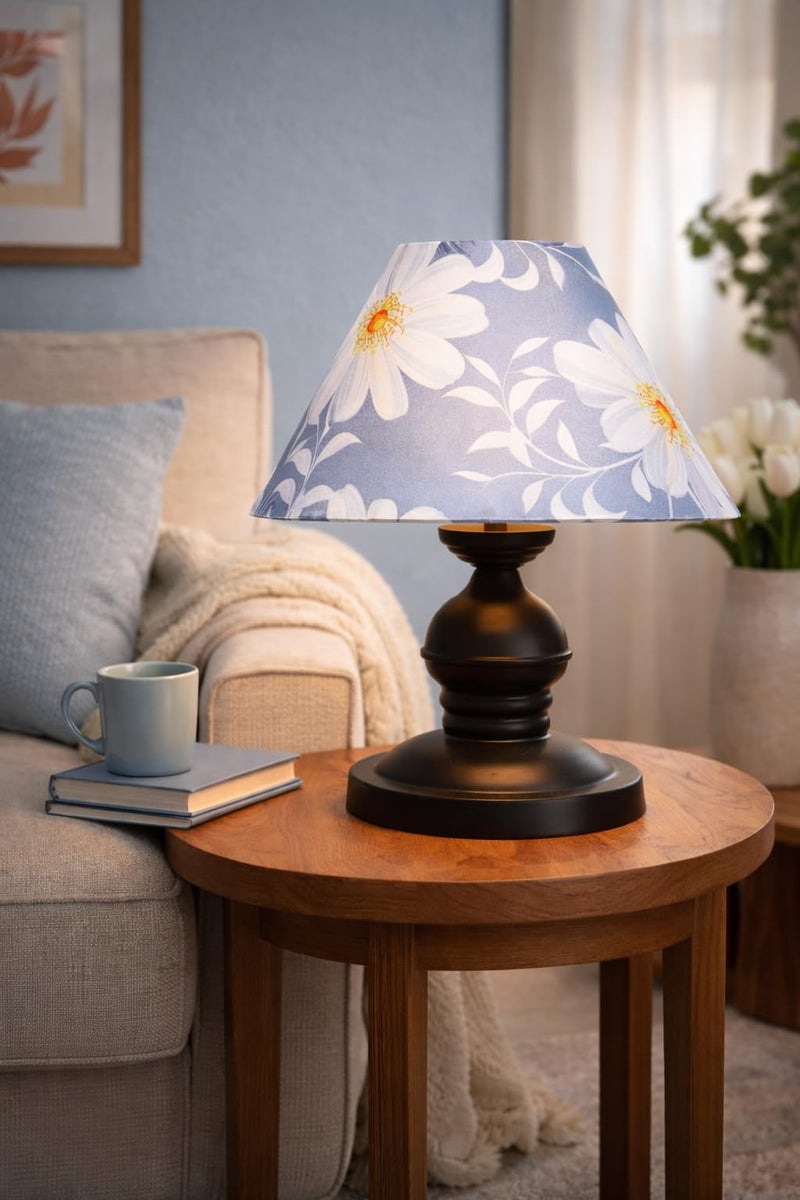 tu casa Urban Radiance Table Lamp | Black Metal Base | Narcissus Floral Satin Shade | Decorative Bedside & Study Lamp for Bedroom Living Room Office | Home Décor & Gifting - Image 1