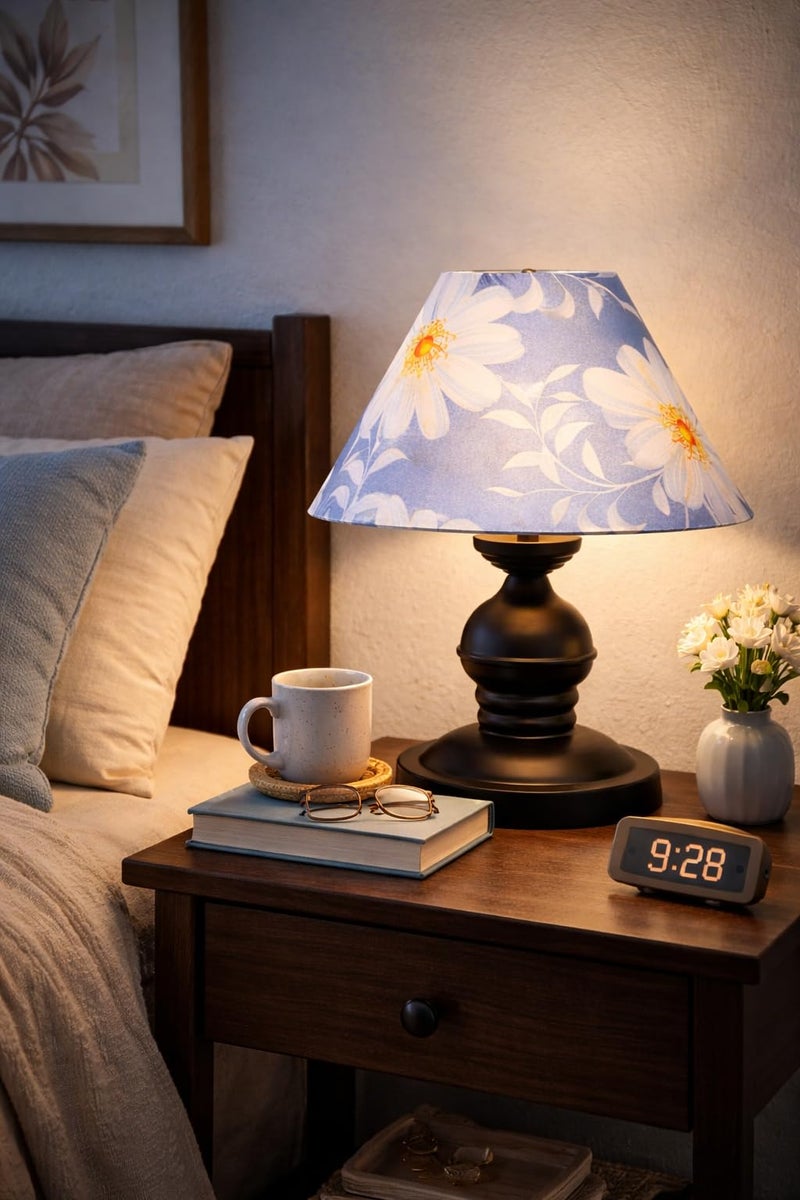 tu casa Urban Radiance Table Lamp | Black Metal Base | Narcissus Floral Satin Shade | Decorative Bedside & Study Lamp for Bedroom Living Room Office | Home Décor & Gifting - Image 2
