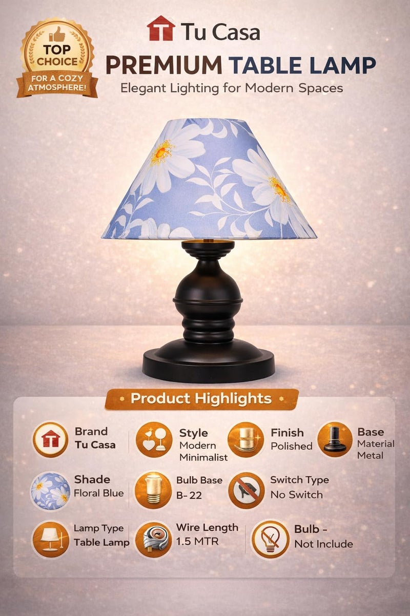 tu casa Urban Radiance Table Lamp | Black Metal Base | Narcissus Floral Satin Shade | Decorative Bedside & Study Lamp for Bedroom Living Room Office | Home Décor & Gifting - Image 3