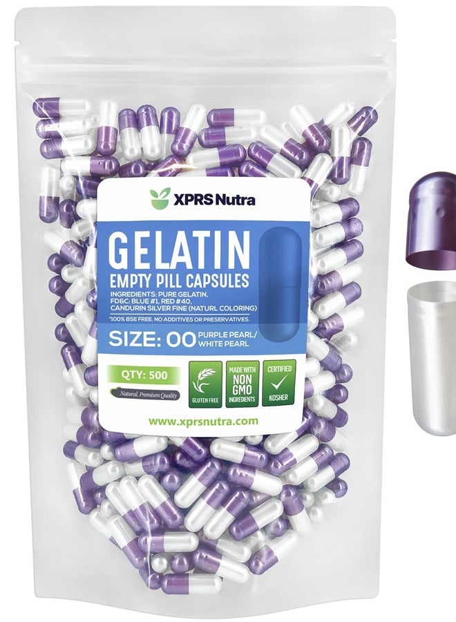 XPRS Nutra Size 00 Empty Capsules - 500 Count Empty Gelatin Capsules - Empty Pill Capsules - DIY Capsule Filling - Fillable Pill Capsules Empty Gel Caps (Pearl Purple/White) - Image 1