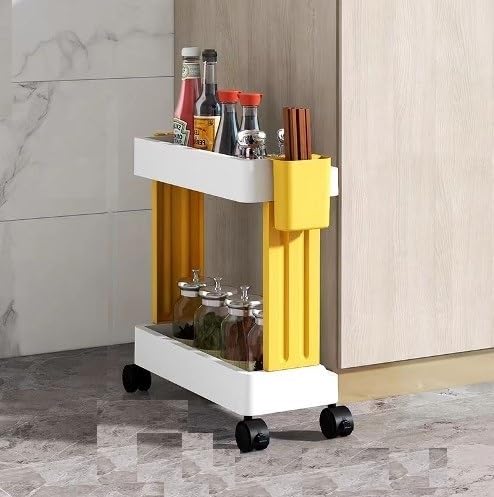 TORIOX Plastic Storage Kitchen Organizer Shelf Bathroom Home Toilet Rack Stand Dining Side Corner Bedroom Shelves Room Container Food Bottle Dish Holder Folding Space Saver Wheel Trolley 2 Layer