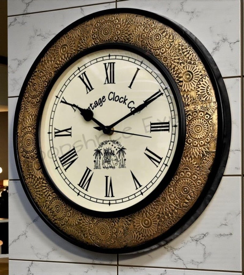 Vintage Clock Handcrafted Brass Inlay Wooden Clock / 1 Year Warranty / Roman Numerals (Vc-1711-12-R), Analog - Image 1