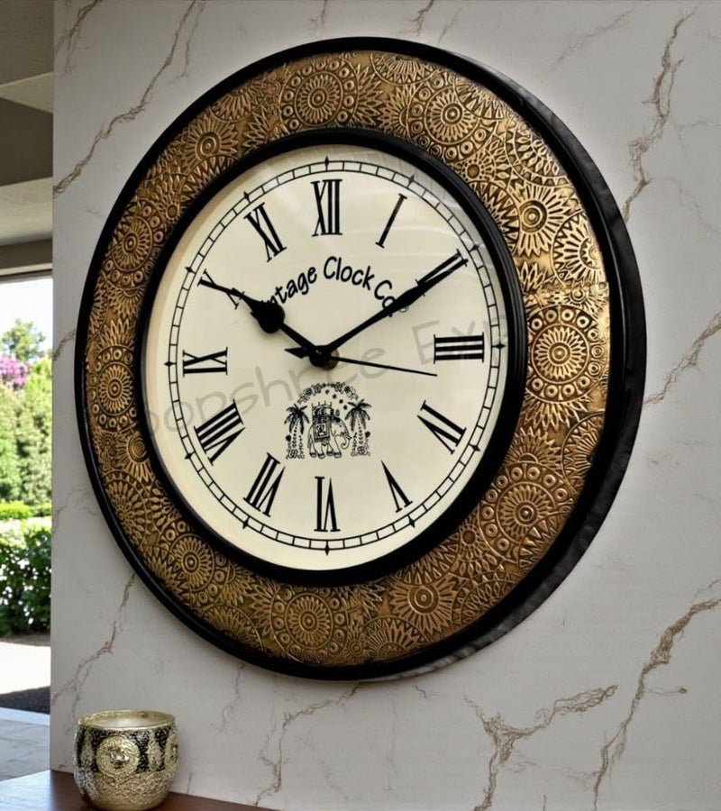 Vintage Clock Handcrafted Brass Inlay Wooden Clock / 1 Year Warranty / Roman Numerals (Vc-1711-12-R), Analog - Image 2