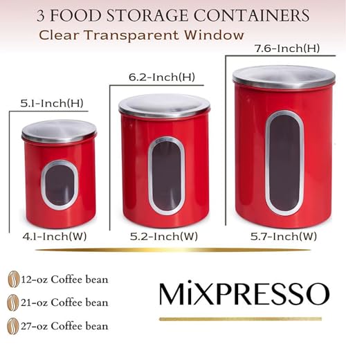 Mixpresso 3-Piece Red Canisters Sets For The Kitchen, Airtight Canister Set With See Through Window, Storage Jars for Coffee Container, Tea Organizer & Sugar Canister, Red Kitchen Canisters - Image 2
