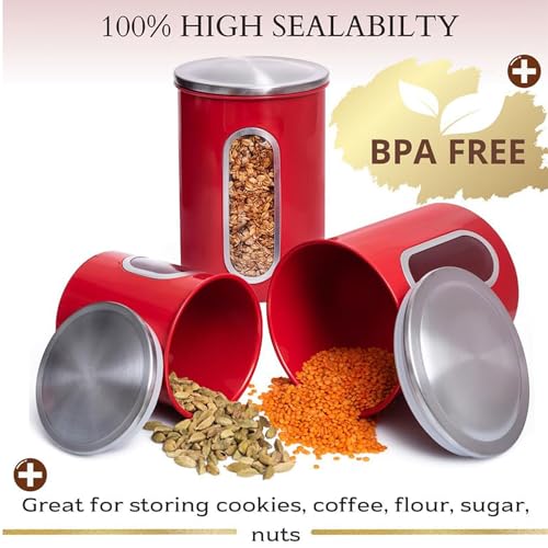 Mixpresso 3-Piece Red Canisters Sets For The Kitchen, Airtight Canister Set With See Through Window, Storage Jars for Coffee Container, Tea Organizer & Sugar Canister, Red Kitchen Canisters - Image 4