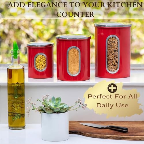 Mixpresso 3-Piece Red Canisters Sets For The Kitchen, Airtight Canister Set With See Through Window, Storage Jars for Coffee Container, Tea Organizer & Sugar Canister, Red Kitchen Canisters - Image 5