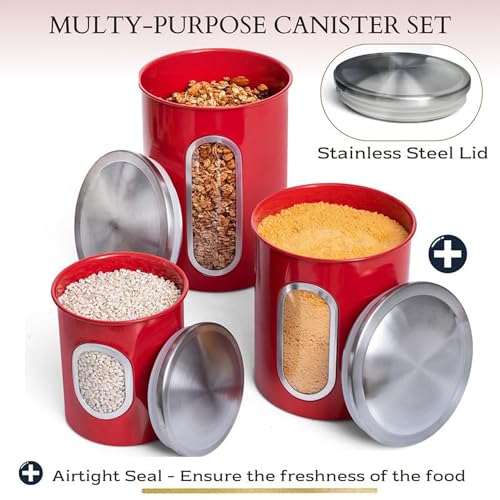Mixpresso 3-Piece Red Canisters Sets For The Kitchen, Airtight Canister Set With See Through Window, Storage Jars for Coffee Container, Tea Organizer & Sugar Canister, Red Kitchen Canisters - Image 3