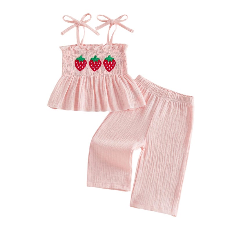 Socutebabe Toddler Baby Girl Summer Clothes Sleeveless Muslin Smocked Top Pants 6 9 12 18 Month 2 3 4 5 Year Cute Kids Outfit (Strawberry Pink, 12-18 Months) - Image 1