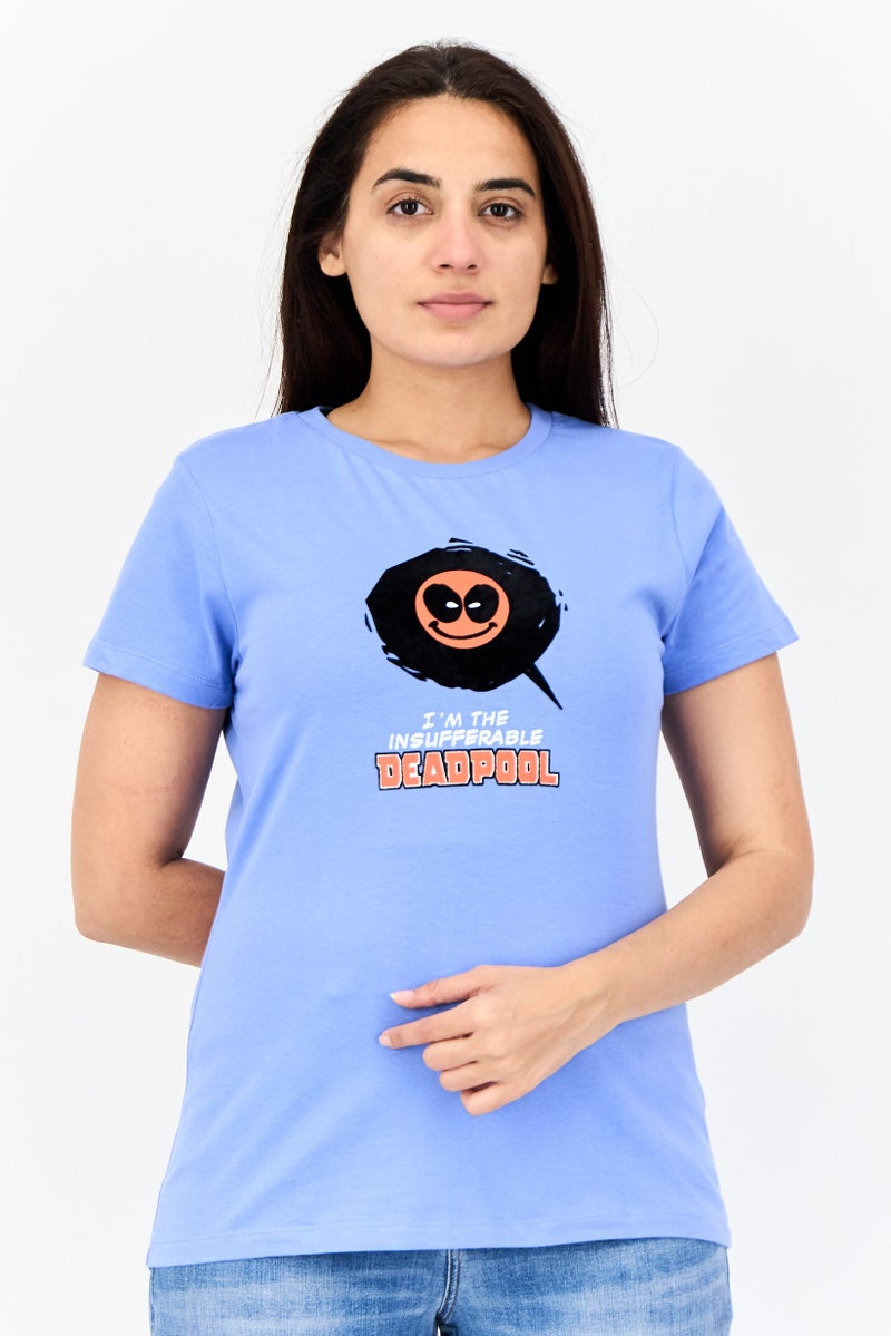 MARVEL Women Crew Neck Short Sleeves Dead Pool T-Shirt, Blue - Image 1
