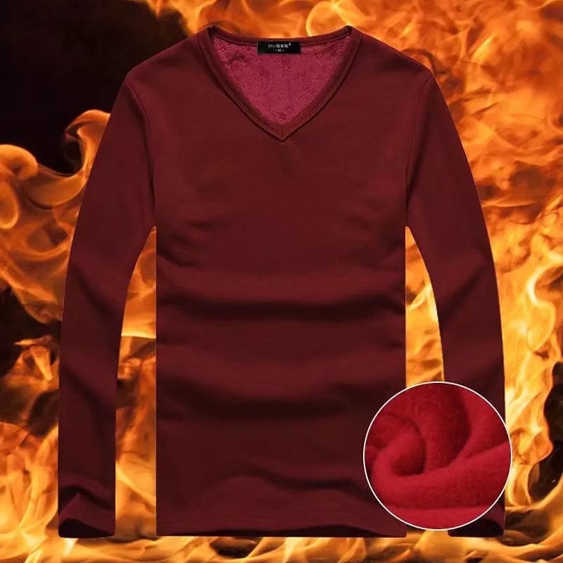 Mens Thickened Fleece Lined V-Neck T-Shirt Red V-neck  - Image 1