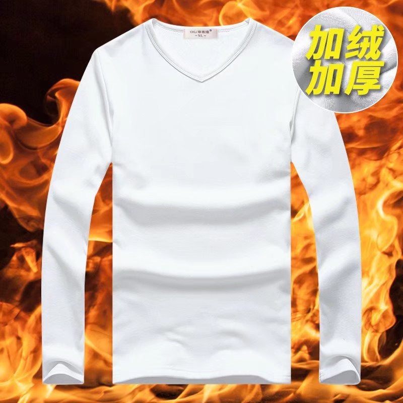 Mens Thickened Fleece Lined V-Neck T-Shirt Red V-neck  - Image 4