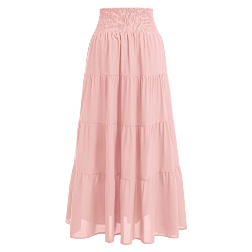 IWEMEK Women's Boho Elastic High Waist A Line Ruffle Swing Beach Convertible Maxi Skirt Tired Pleated Layers Front Drawstring Long Skirt Casual Flowy Midi Skirts Smocked Strapless Tube Top Dress Pink L - Image 3