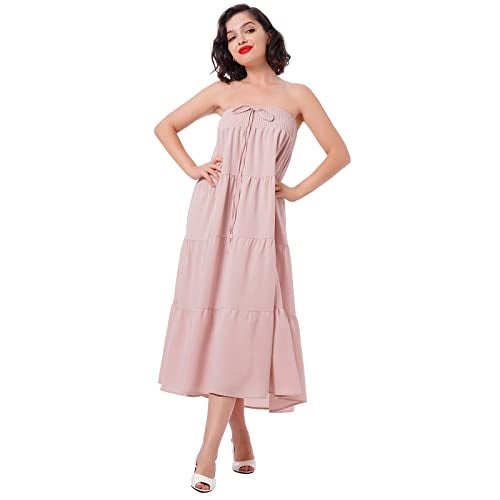 IWEMEK Women's Boho Elastic High Waist A Line Ruffle Swing Beach Convertible Maxi Skirt Tired Pleated Layers Front Drawstring Long Skirt Casual Flowy Midi Skirts Smocked Strapless Tube Top Dress Pink L - Image 2