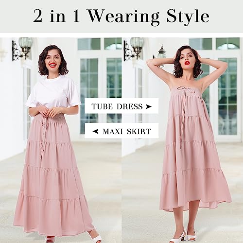 IWEMEK Women's Boho Elastic High Waist A Line Ruffle Swing Beach Convertible Maxi Skirt Tired Pleated Layers Front Drawstring Long Skirt Casual Flowy Midi Skirts Smocked Strapless Tube Top Dress Pink L - Image 4