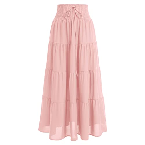 IWEMEK Women's Boho Elastic High Waist A Line Ruffle Swing Beach Convertible Maxi Skirt Tired Pleated Layers Front Drawstring Long Skirt Casual Flowy Midi Skirts Smocked Strapless Tube Top Dress Pink L - Image 1