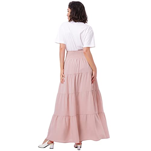 IWEMEK Women's Boho Elastic High Waist A Line Ruffle Swing Beach Convertible Maxi Skirt Tired Pleated Layers Front Drawstring Long Skirt Casual Flowy Midi Skirts Smocked Strapless Tube Top Dress Pink L - Image 5