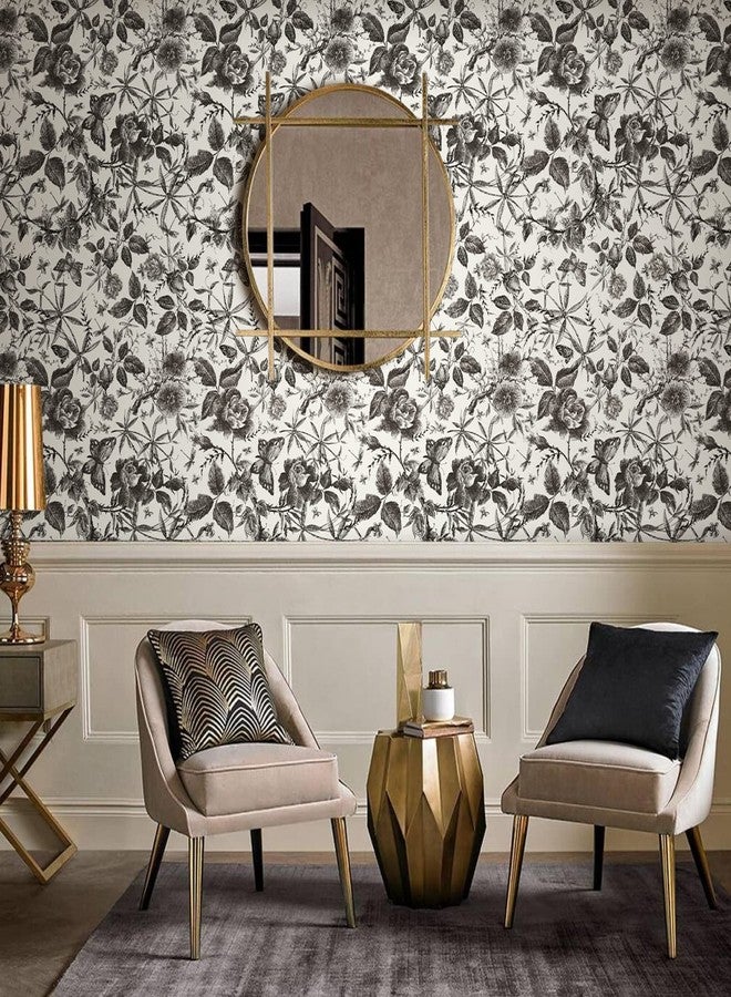 JiffDiff Floral Vintage Wallpaper Peel and Stick Wall Stick Black Rose Removable Vinyl Wall Paper Sketch Floral Decor 15.75in x 118in - Image 2