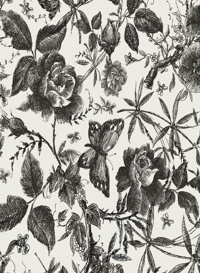 JiffDiff Floral Vintage Wallpaper Peel and Stick Wall Stick Black Rose Removable Vinyl Wall Paper Sketch Floral Decor 15.75in x 118in - Image 1