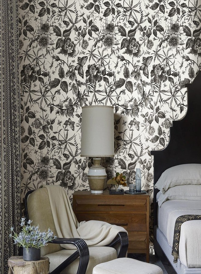 JiffDiff Floral Vintage Wallpaper Peel and Stick Wall Stick Black Rose Removable Vinyl Wall Paper Sketch Floral Decor 15.75in x 118in - Image 3