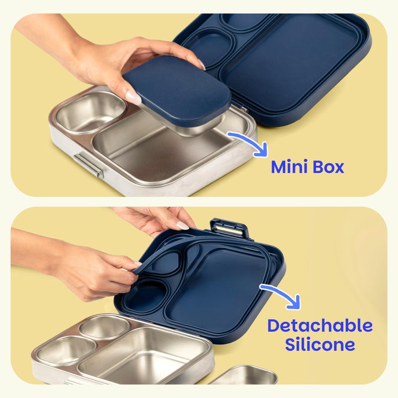 BASIL Bento Box Quad Plus – 4 Compartment Stainless Steel Lunch Box (1020ml) with BPA-Free Lid | Leak-Proof Tiffin for Kids & Adults | Premium Lunch Box for School, Office & Picnic – Indigo Zen - Image 2
