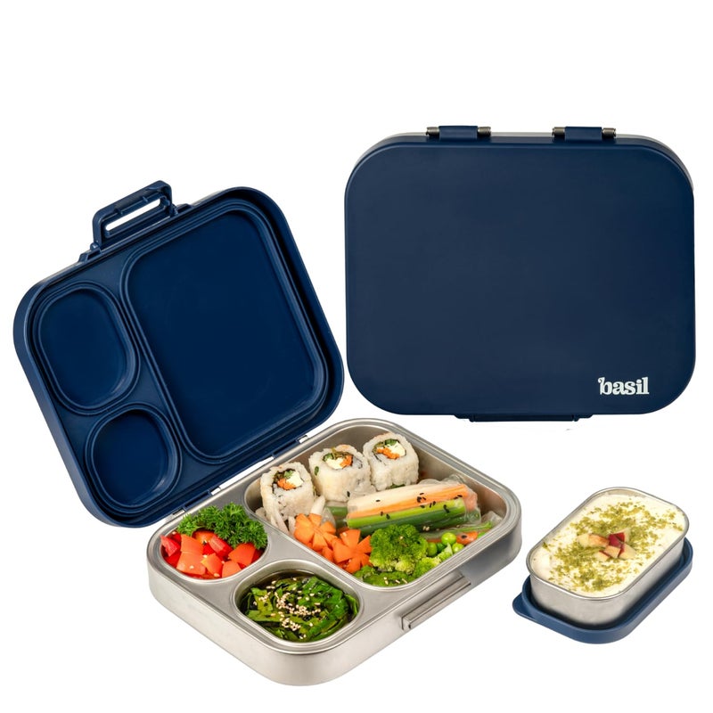 BASIL Bento Box Quad Plus – 4 Compartment Stainless Steel Lunch Box (1020ml) with BPA-Free Lid | Leak-Proof Tiffin for Kids & Adults | Premium Lunch Box for School, Office & Picnic – Indigo Zen - Image 1