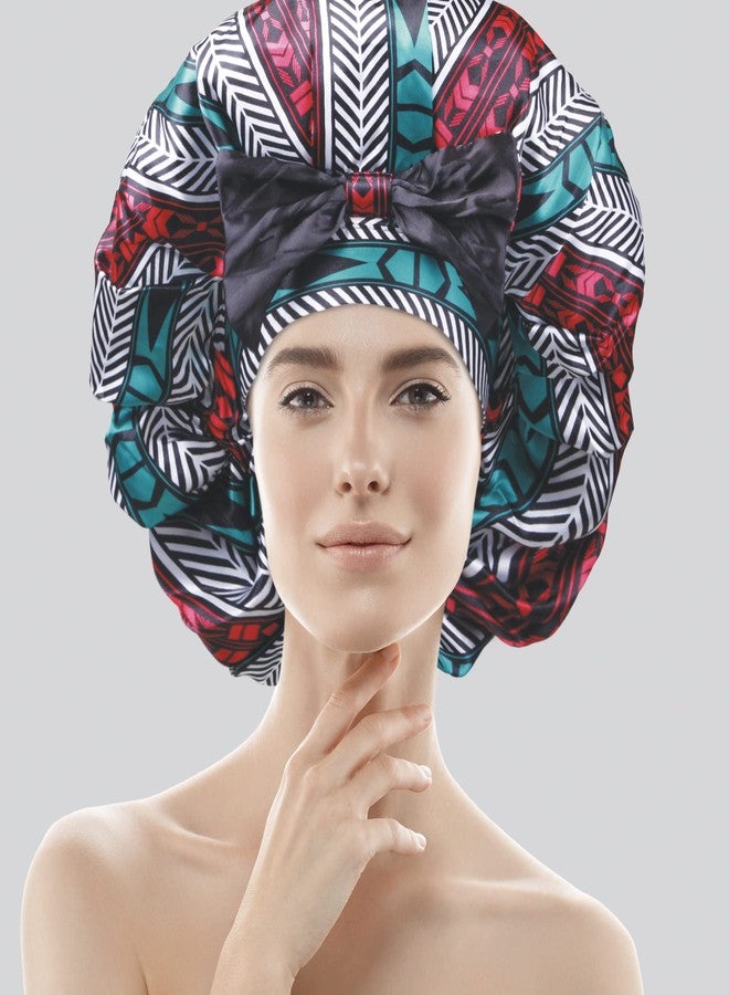Donna Jumbo Bow Ribbon Bonnet 1pc Satin Bonnet for Sleeping Removable Reversible Bow Ribbon for Women with Curly Hair, Crochet Hairstyles Silk Hair Accessories Shower Cap Aztec Pattern - Image 2