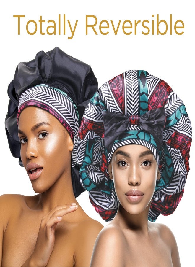 Donna Jumbo Bow Ribbon Bonnet 1pc Satin Bonnet for Sleeping Removable Reversible Bow Ribbon for Women with Curly Hair, Crochet Hairstyles Silk Hair Accessories Shower Cap Aztec Pattern - Image 5