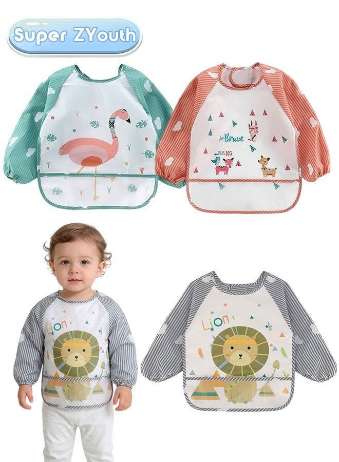 Super ZYouth 3 Pack Baby Long Sleeve Bibs, Waterproof Toddler Feeding Smock for 1-3 Years with Catch-All Pocket, Full Coverage Apron for Eating, Painting, Outdoor Play, Beach & Camping - Image 1