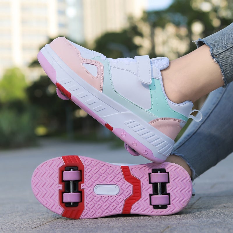 Pulley Heol Shoes Skate Shoes Four-wheel Deformation Shoes Children Adult Roller Skate Shoes Wheel Shoes Double Rai Wheel New 116 white powder 