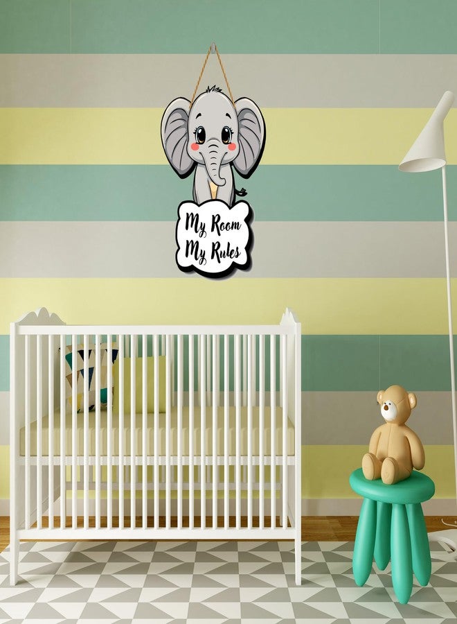 GENXTRA لوحة جدارية من خشب MDF على شكل فيل من GENXTRA® للغرف - ديكور حيوان كرتوني لطيف مع عبارة "غرفتي، قواعدي". - Image 3